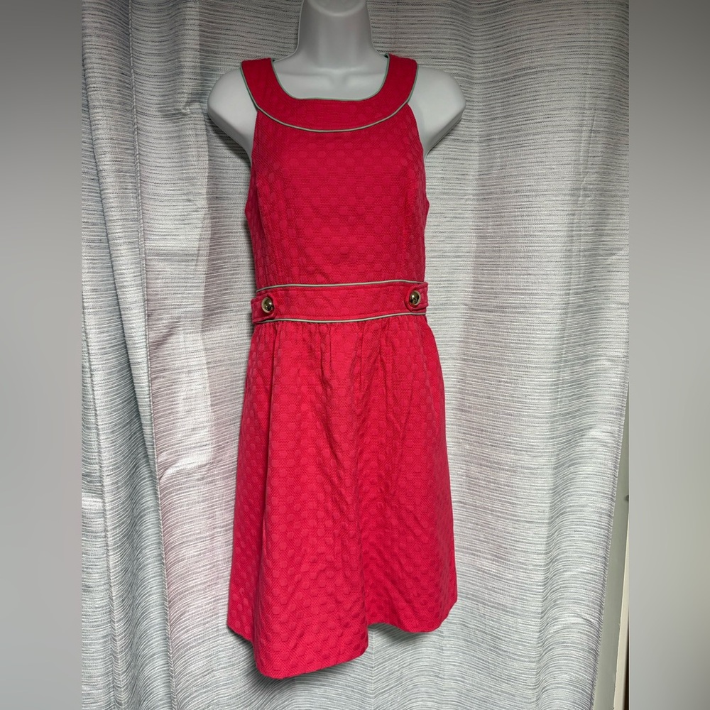Sail To Sable Pink Fit Flare Dress Sz 10 Cotton Green Gold Textured Lined Spring